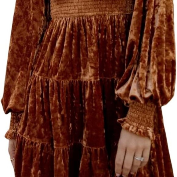 Dresses & Skirts - Women's Crushed Velvet Dress Long Sleeve Crew Neck Smocked A-Line Mini